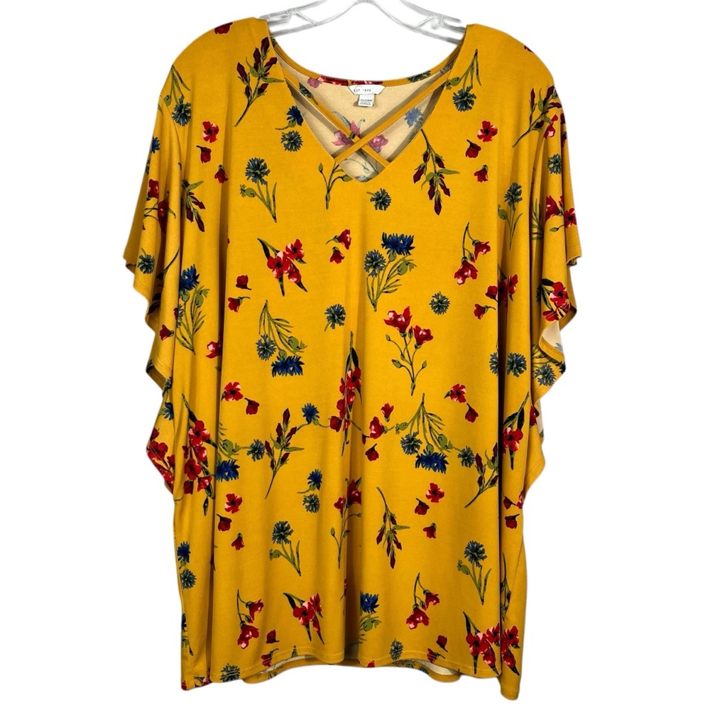 Cato Women's Plus Size Stretchy No-Iron Yellow Floral Ruffle Sleeve Blouse 22 24